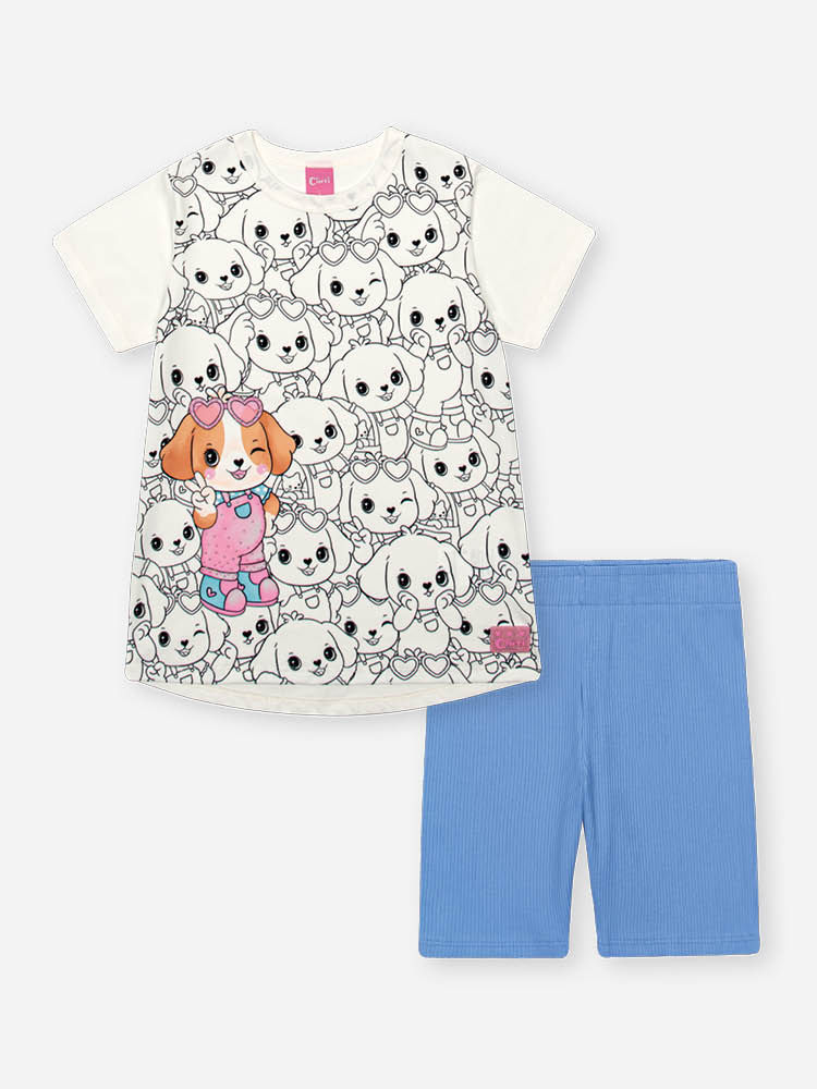 Conjunto Infantil com Estampa de Cachorrinhos e Ciclista em Ribana Glow – Look Menina Verão com Stra NATURAL/AZ PROVENCE