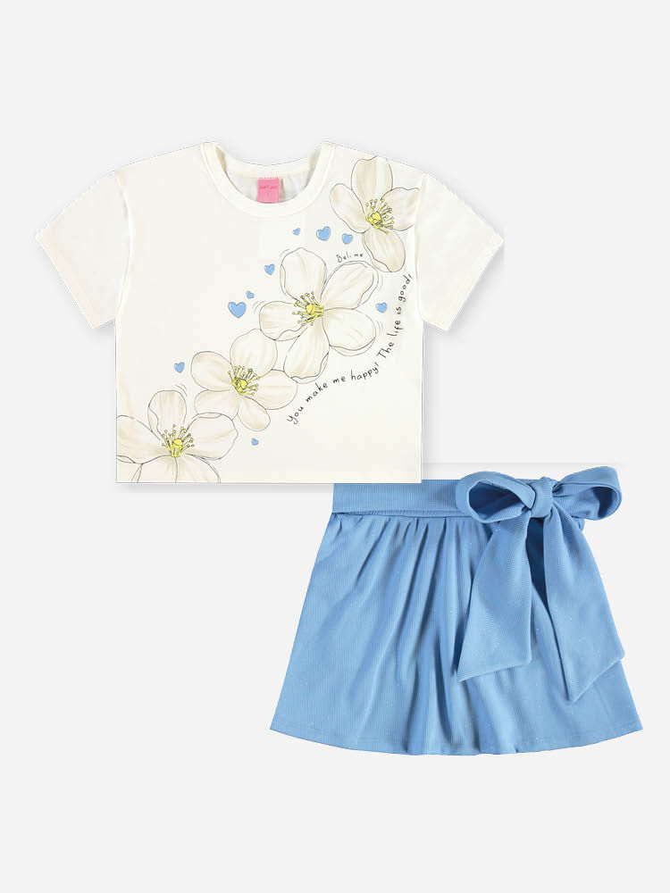 Conjunto Infantil Menina Blusa Floral e Saia-Short Azul com Laço