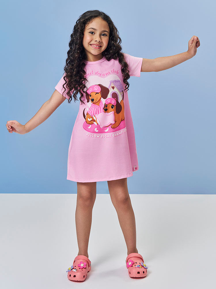 Camisola Infantil em Meia Malha – Pijama Menina Verão com Estampa de Cachorrinhos ROSA IOGURTE