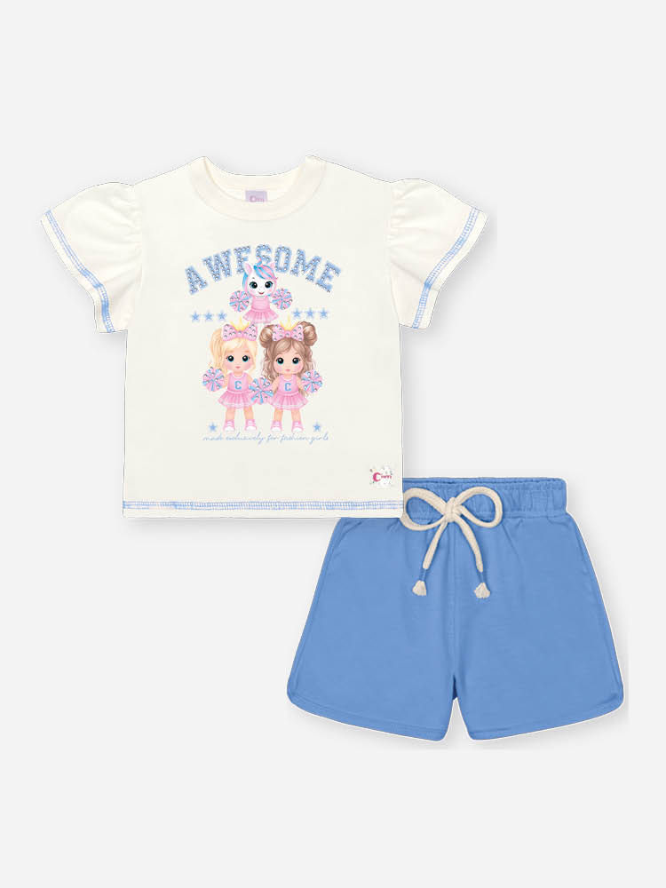 Conjunto Infantil Princeas Cinti de Blusa em Meia Malha com Shorts em Moletinho e Strass NATURAL/AZ PROVENCE