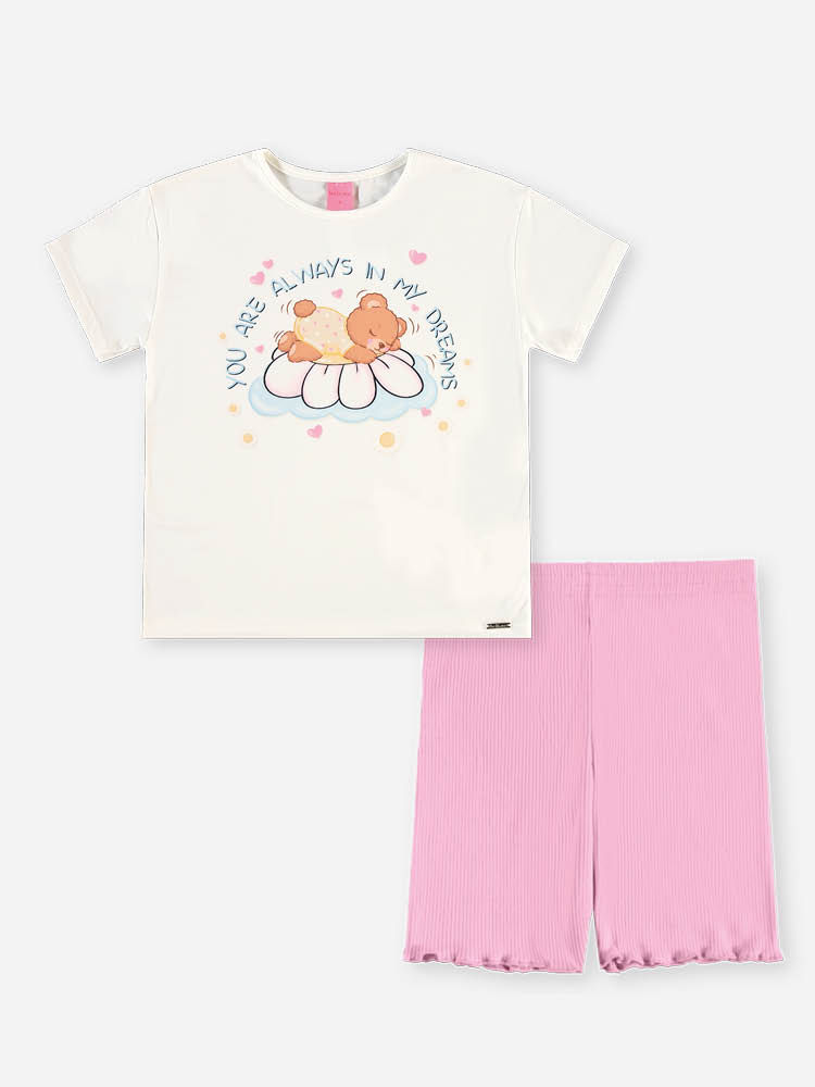 Conjunto Infantil Menina Blusa Ursinha e Ciclista Rosa