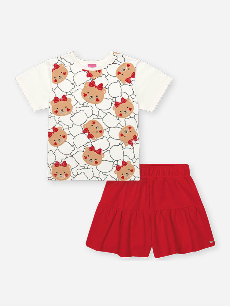 Conjunto Infantil com Blusa em Cotton e Shorts em Moletinho Waffle – Look Menina Verão com Estampa d NATURAL/VM MARTE