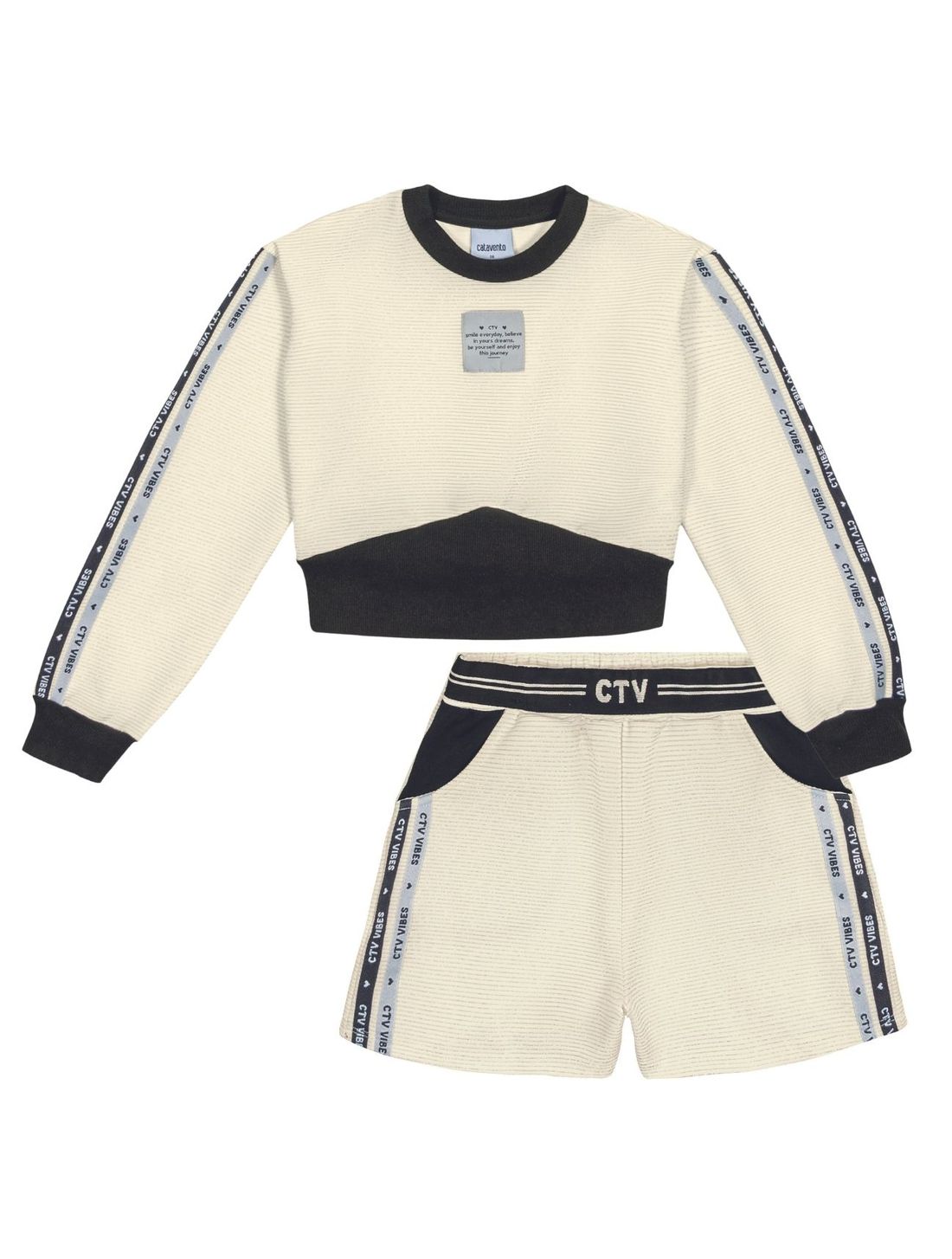 CONJ BLUSAO E SHORTS NATURAL/PRETO
