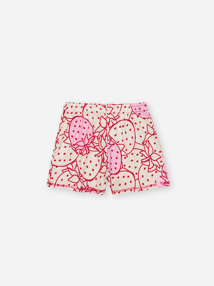Pijama Infantil com Blusa e Shorts em Cotton Linho – Pijama Menina Verão Estampa de Morangos OFF WHITE