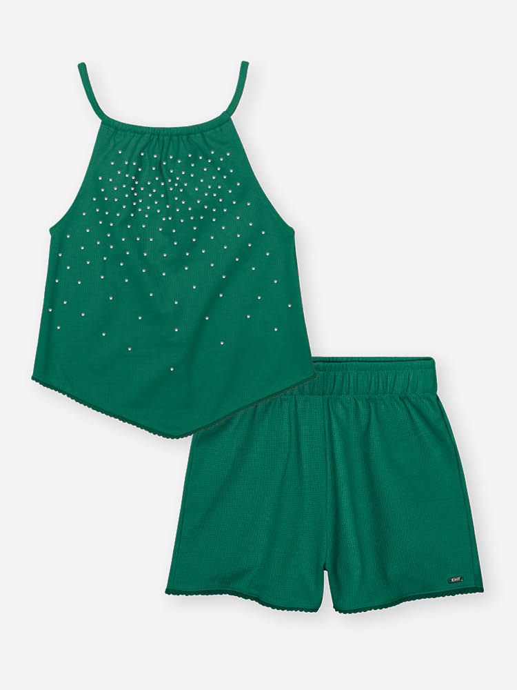 Conjunto Infantil de Natal com Blusa Bata e Shorts em Moletinho Waffle – Look Menina Verão com Stras VERDE MOMENTO