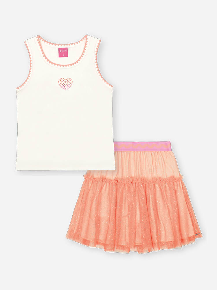 Conjunto Infantil Neon Love com Regata em Cotton e Saia Shorts em Tule Glitter – Look Menina Verão c NATURAL/LARANJA NEON