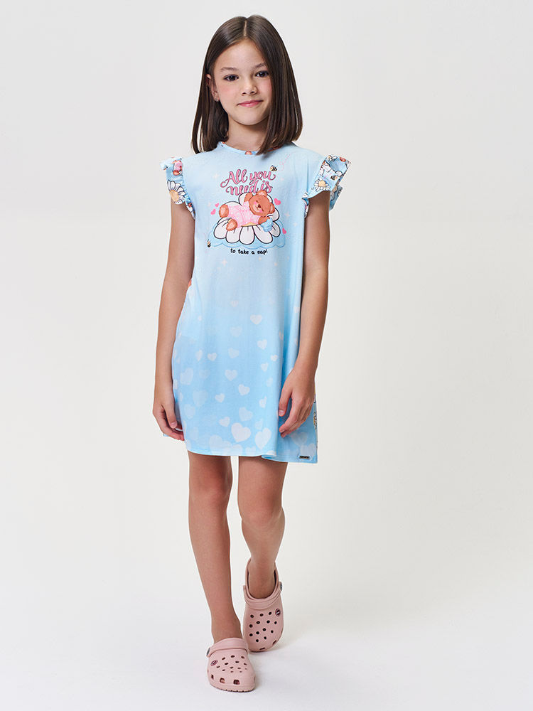 Camisola Infantil Menina Azul com Ursinha em Malha Suede