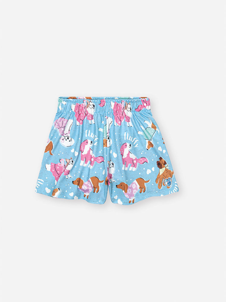 Conjunto Infantil com Blusa e Shorts em Cotton Linho – Look Menina Verão Azul com Estampa de Cachorr AZUL PORCELANA