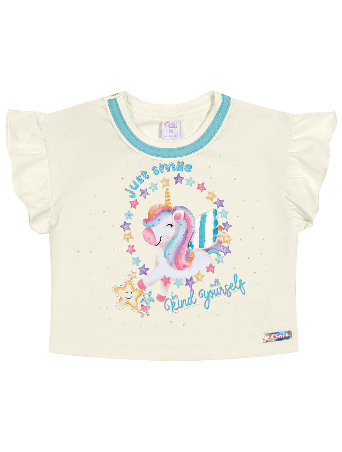 Conjunto Bebê Menina Unicórinio Blusa E Short-Saia Natural E Azul Cinti