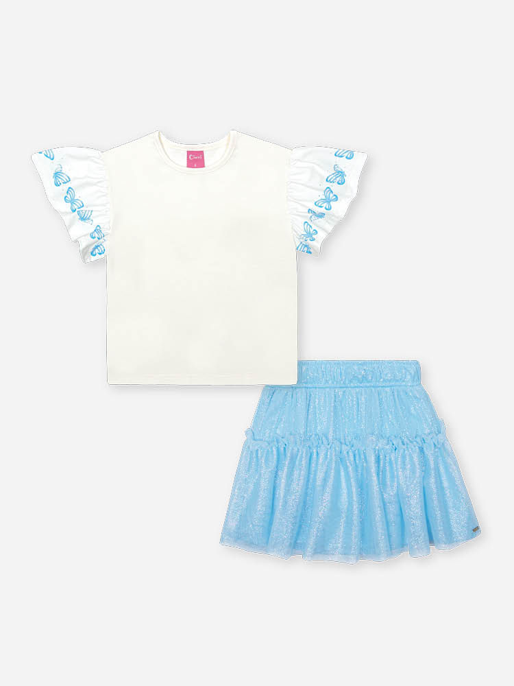 Conjunto Infantil com Blusa em Cotton e Saia Shorts com Tule Foil – Look Menina Verão com Strass NATURAL/AZ PORCELANA