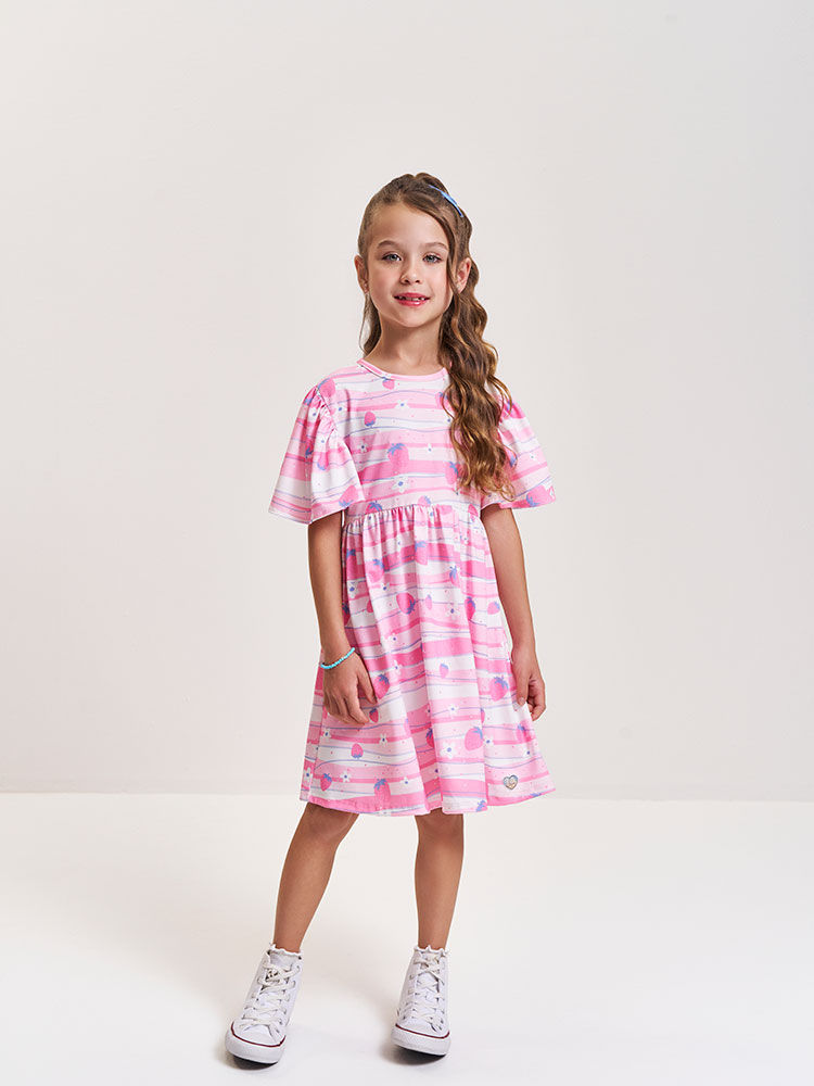 Vestido Infantil em New Stretch Listrado – Vestido Menina Verão Rosa Confete com Corações ROSA CONFETE