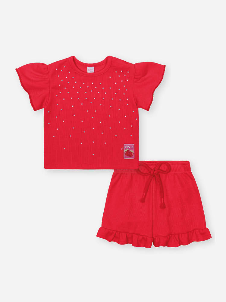 Conjunto Bebê Menina Vermelho em Moletinho Waffle – Blusa Boxy com Shorts Infantil Delicado Cinti Ba VERMELHO MARTE