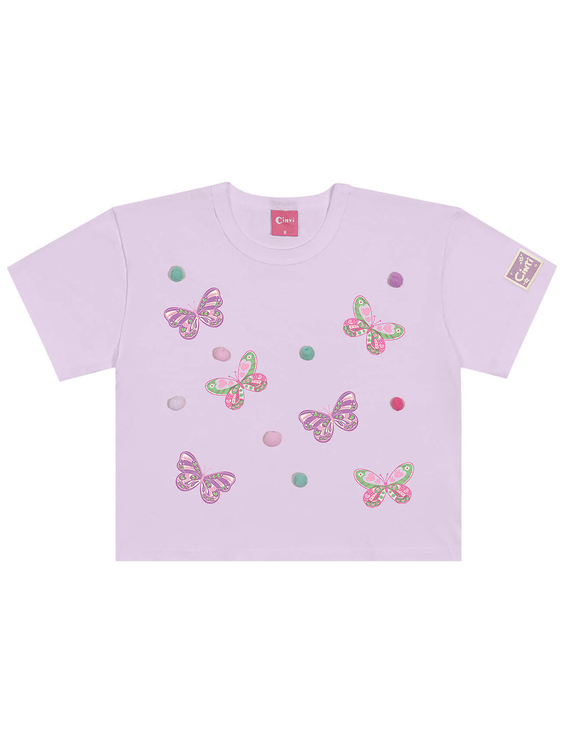Conjunto Infantil Menina Blusa Boxy E Short  Borboletas E Pompom Lilás E Off White Cinti
