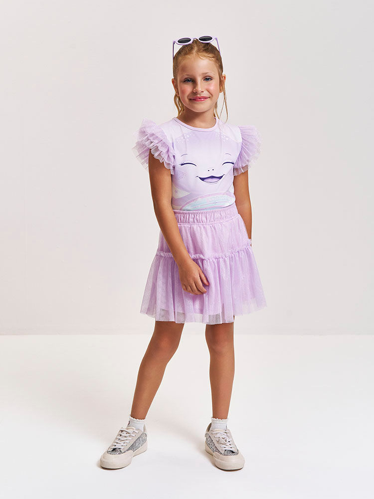 Conjunto Infantil com Blusa Estampa Sara Salamandra e Saia Shorts em Tule Foil – Look Menina Verão c LILAS BRUMA