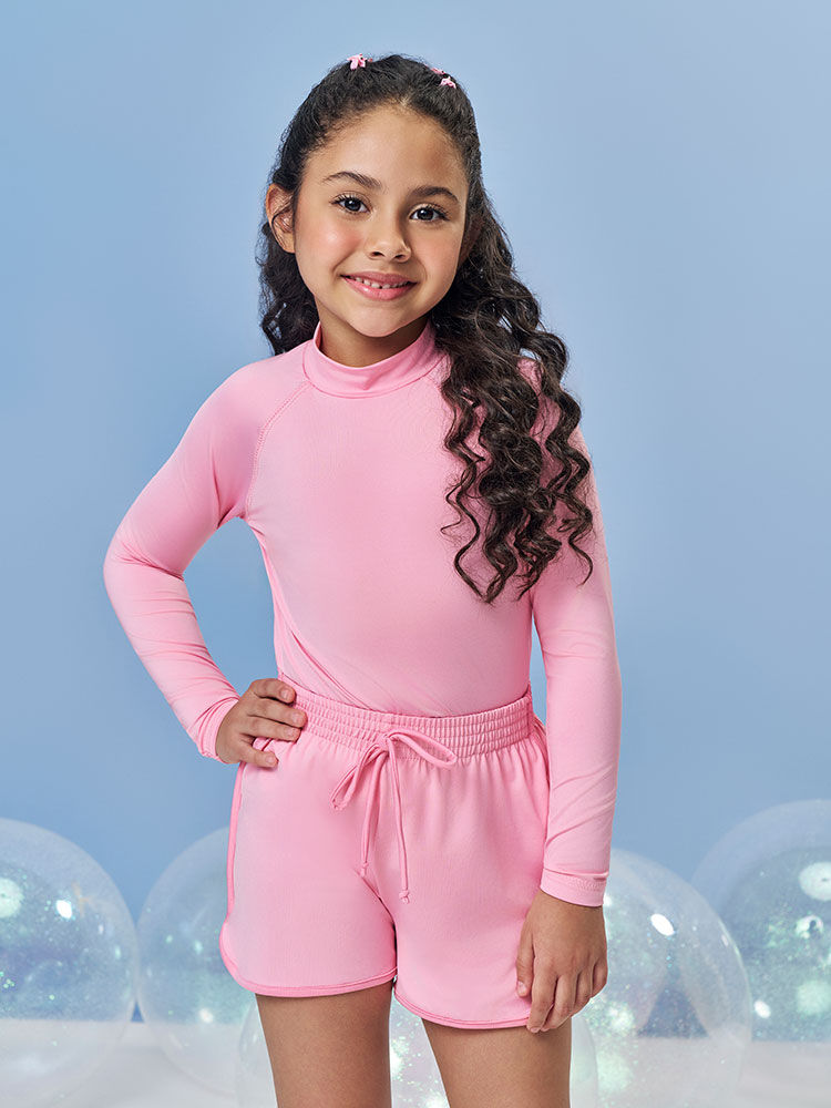 Shorts Infantil em Malha UV Neon – Short Menina Moda Praia Verão com Cordão ROSA IOGURTE
