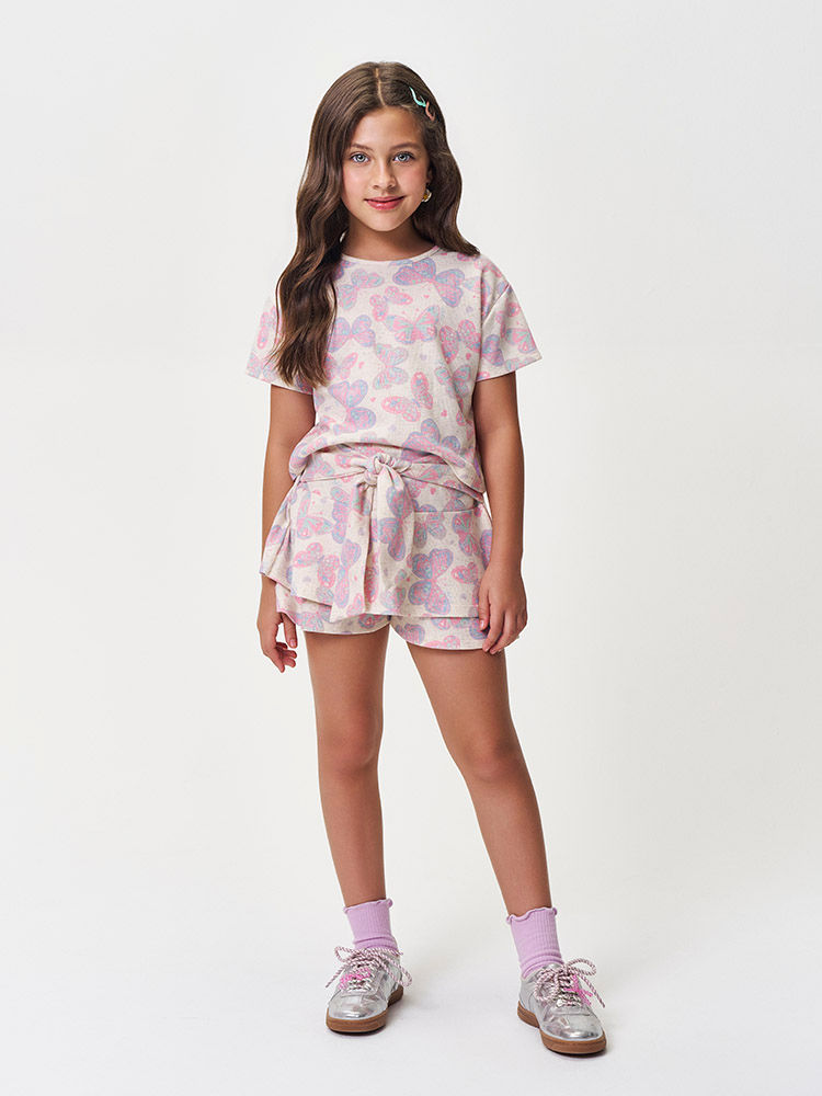 Conjunto Infantil Menina Blusa Boxy e Short-Saia Borboletas