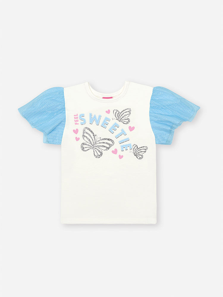 Conjunto Infantil com Blusa de Manga Tule, Shorts e Scrunchie – Look Menina Verão com Algodão NATURAL/AZ PORCELANA