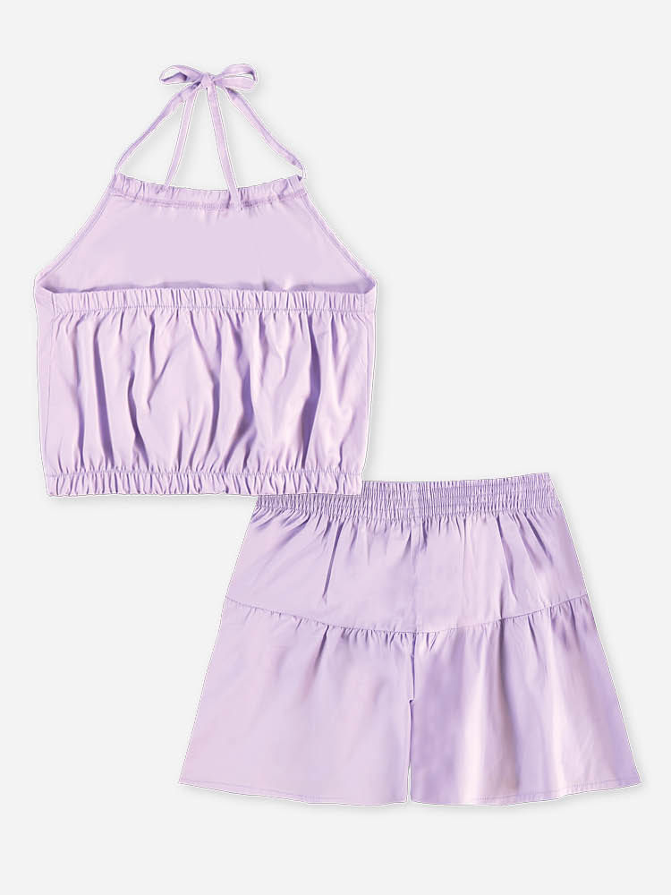 Conjunto Infantil Regata Cropped e Short Lilás com Laço e Strass