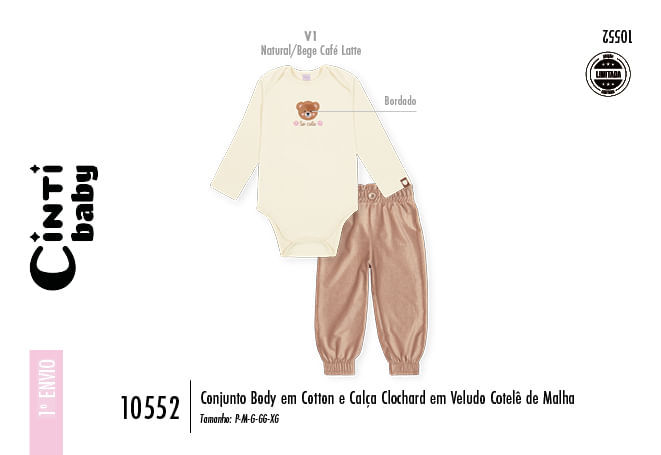 Conjunto em Cotelê Bebê Menina Ursa Bordado Mundo Cinti