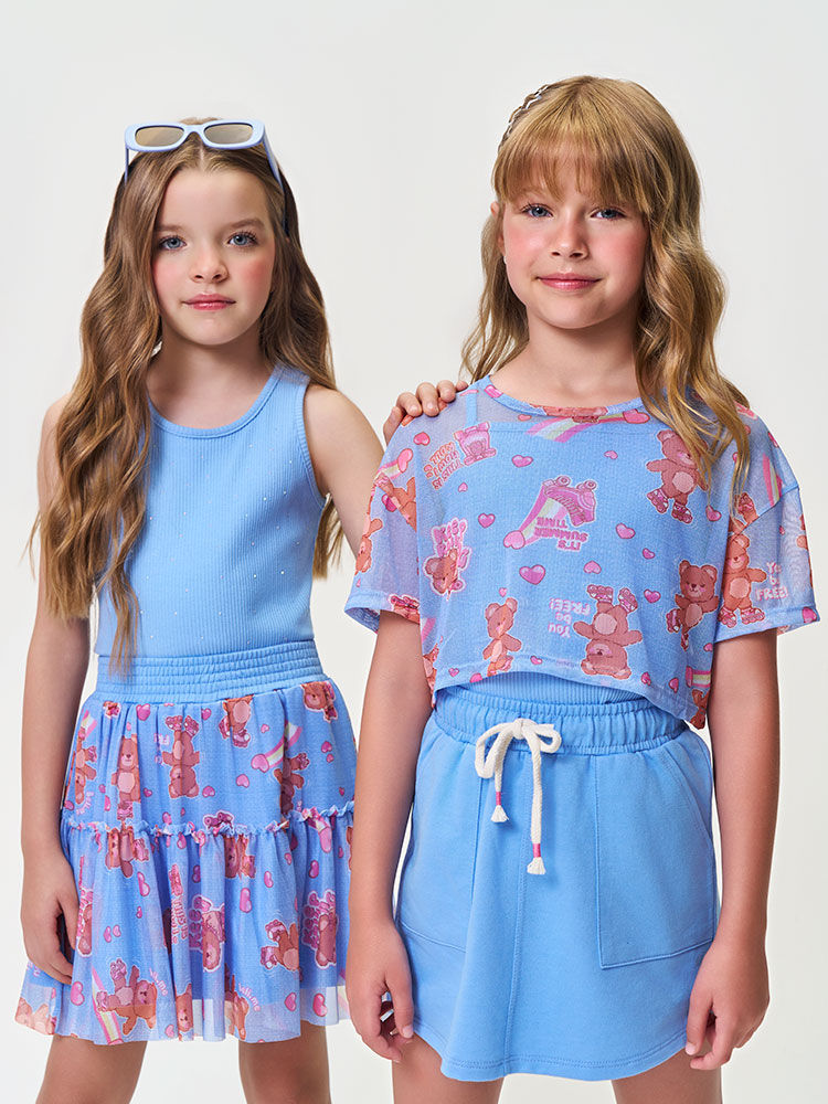 Conjunto Infantil Menina Regata com Strass e Saia-Short de Ursinhos
