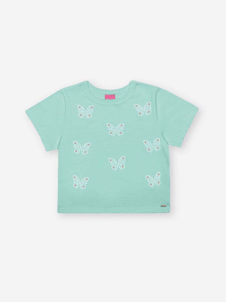 Blusa Infantil Boxy com Borboletas e Strass – Camiseta Menina em Meia Malha Verão VERDE BRISA