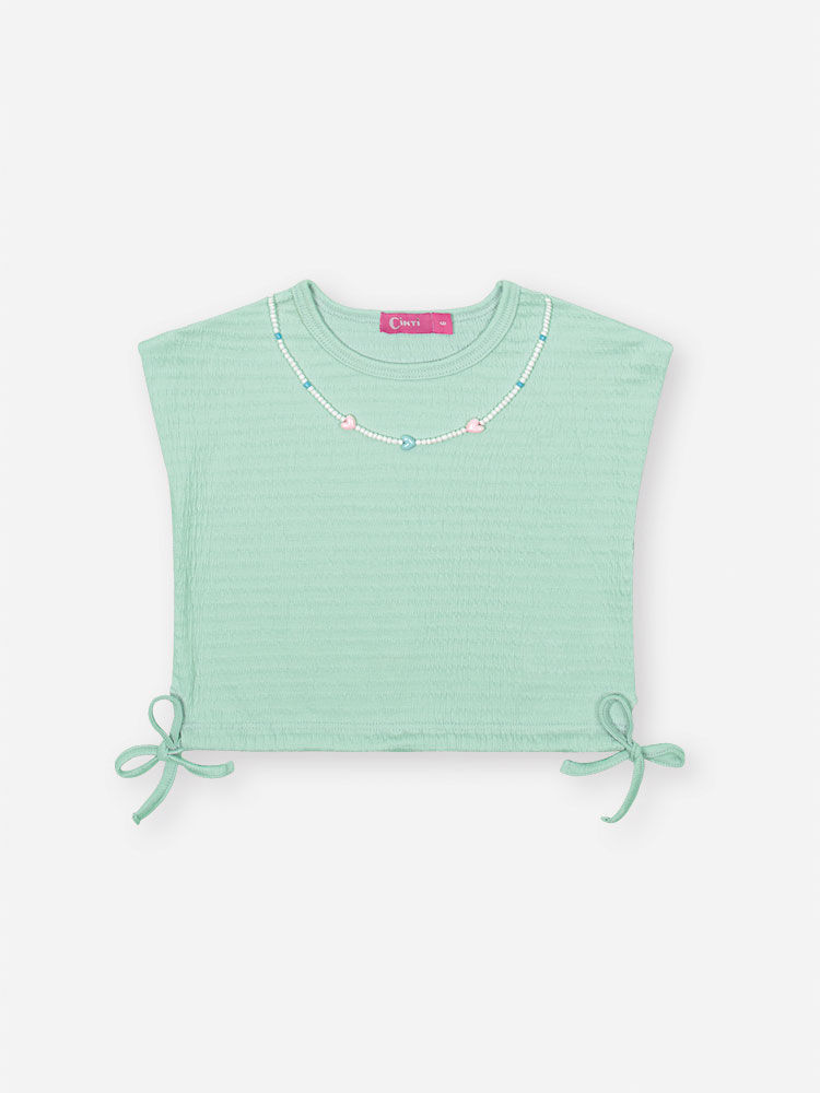 Conjunto Infantil com Blusa e Shorts em Malha Lastex – Look Menina Verão com Acessório VERDE BRISA