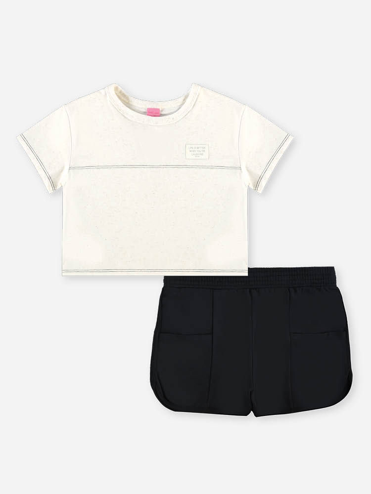 Conjunto Infantil Menina Blusa Boxy e Short com Linho Preto
