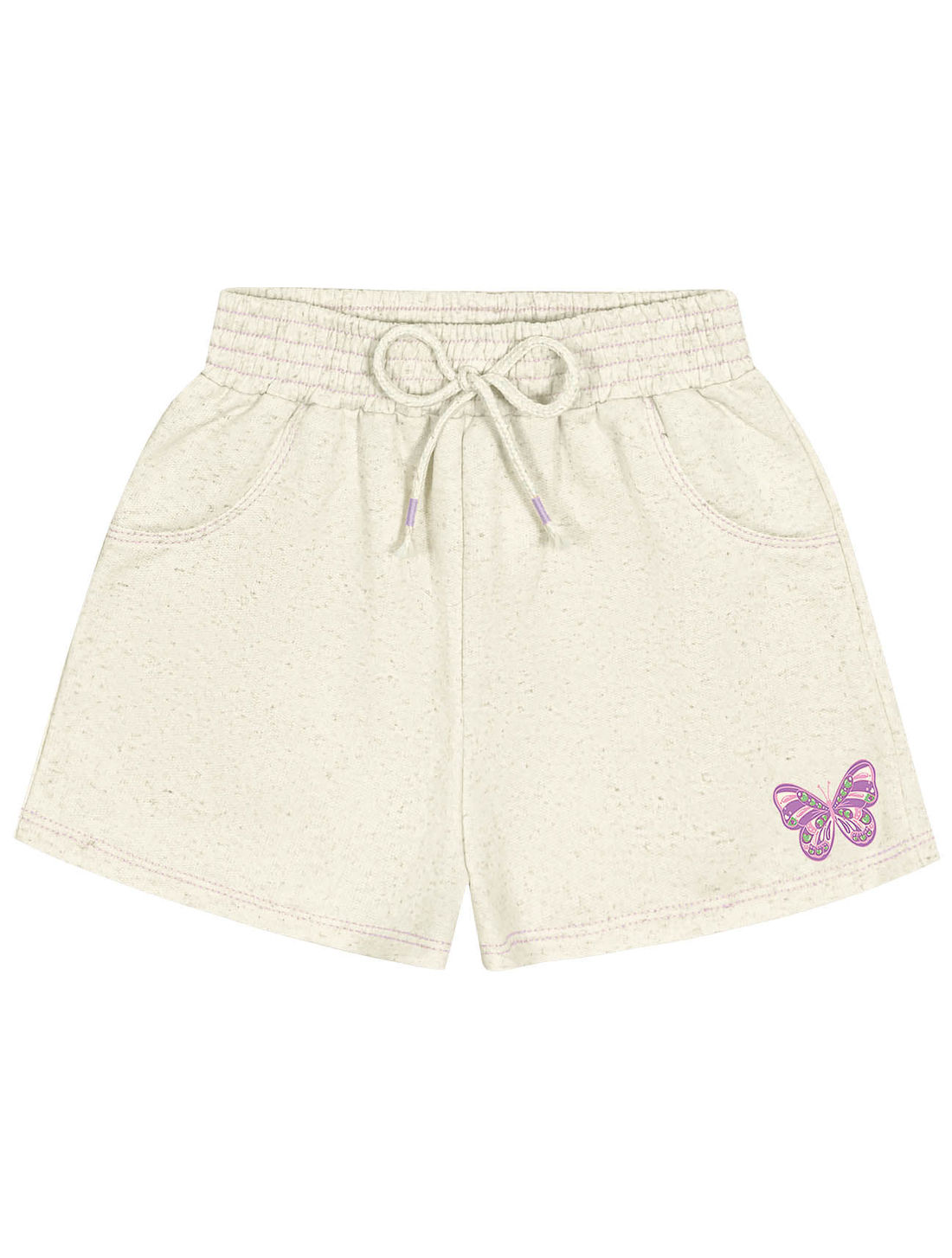 Conjunto Infantil Menina Blusa Boxy E Short  Borboletas E Pompom Lilás E Off White Cinti