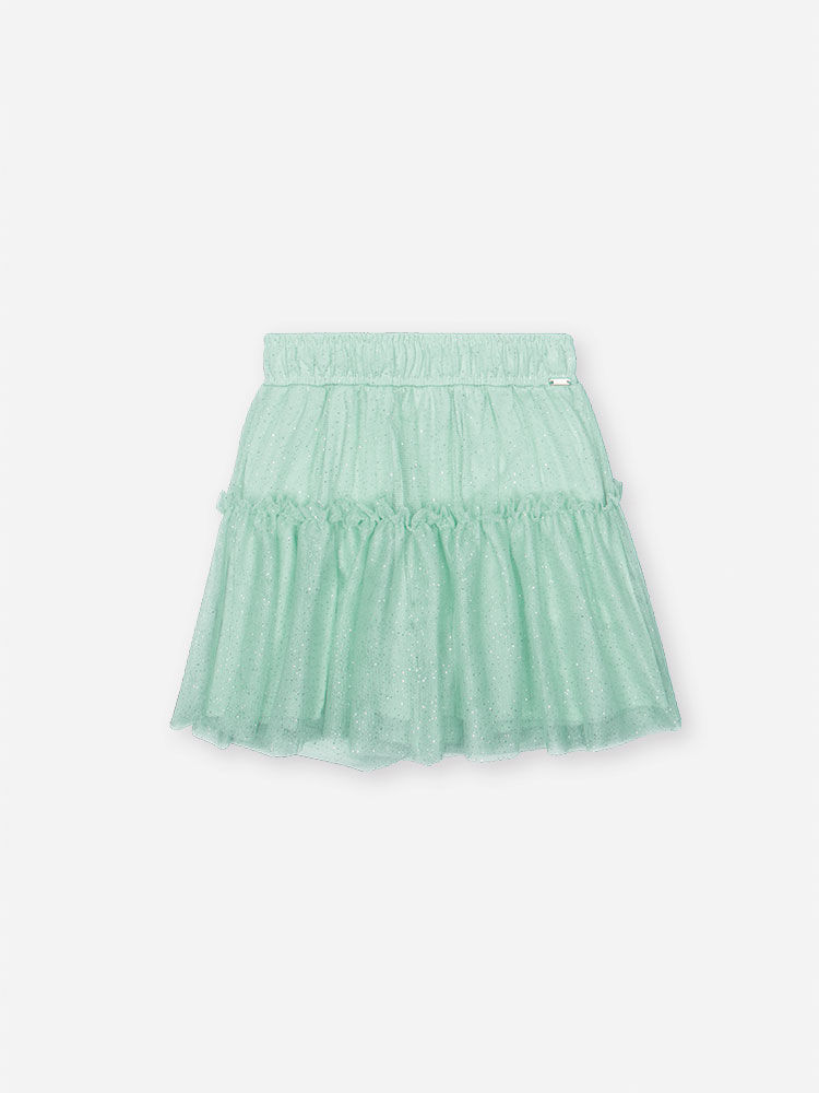 Saia Shorts Infantil em Tule Glitter e Meia Malha – Saia Menina Verão com Shorts Interno VERDE BRISA
