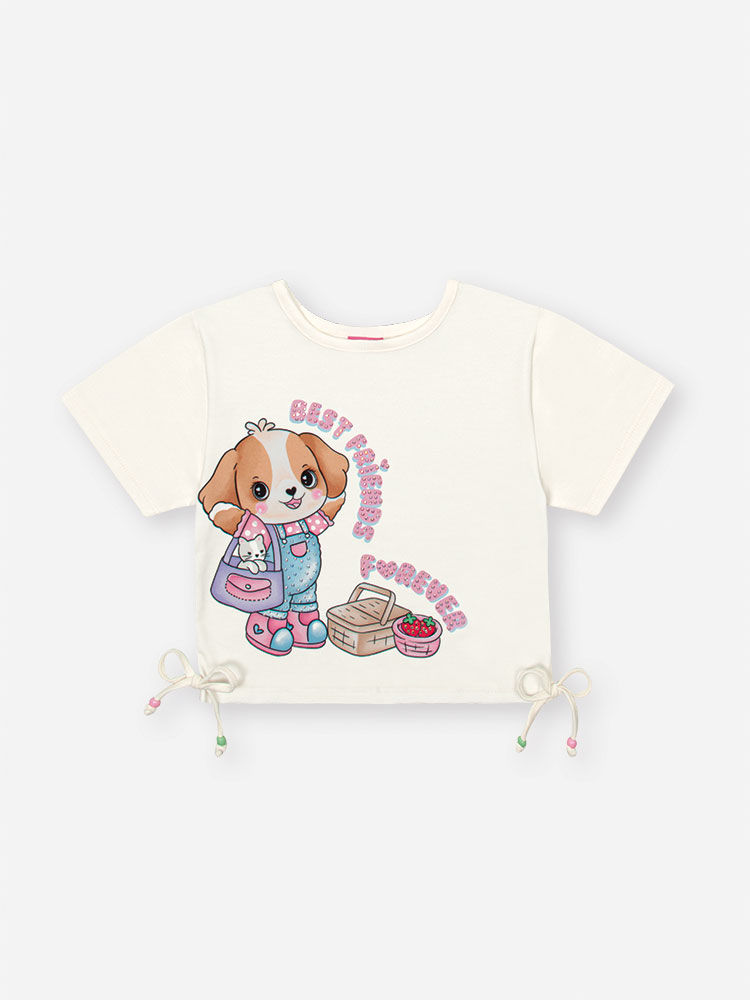 Conjunto Infantil com Blusa em Cotton e Shorts Saia de Cachorro – Look Menina Verão com Strass NATURAL/RS CONFETE