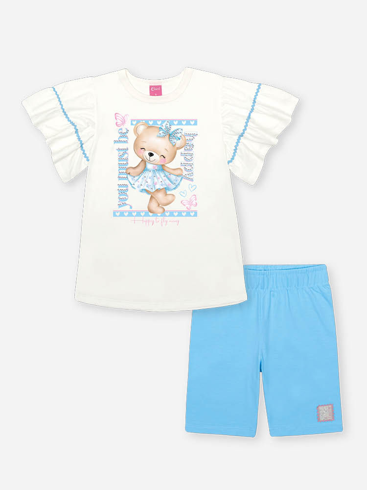 Conjunto Infantil com Blusa 100% Algodão e Ciclista em Cotton – Look Menina Verão com Strass NATURAL/AZ PORCELANA