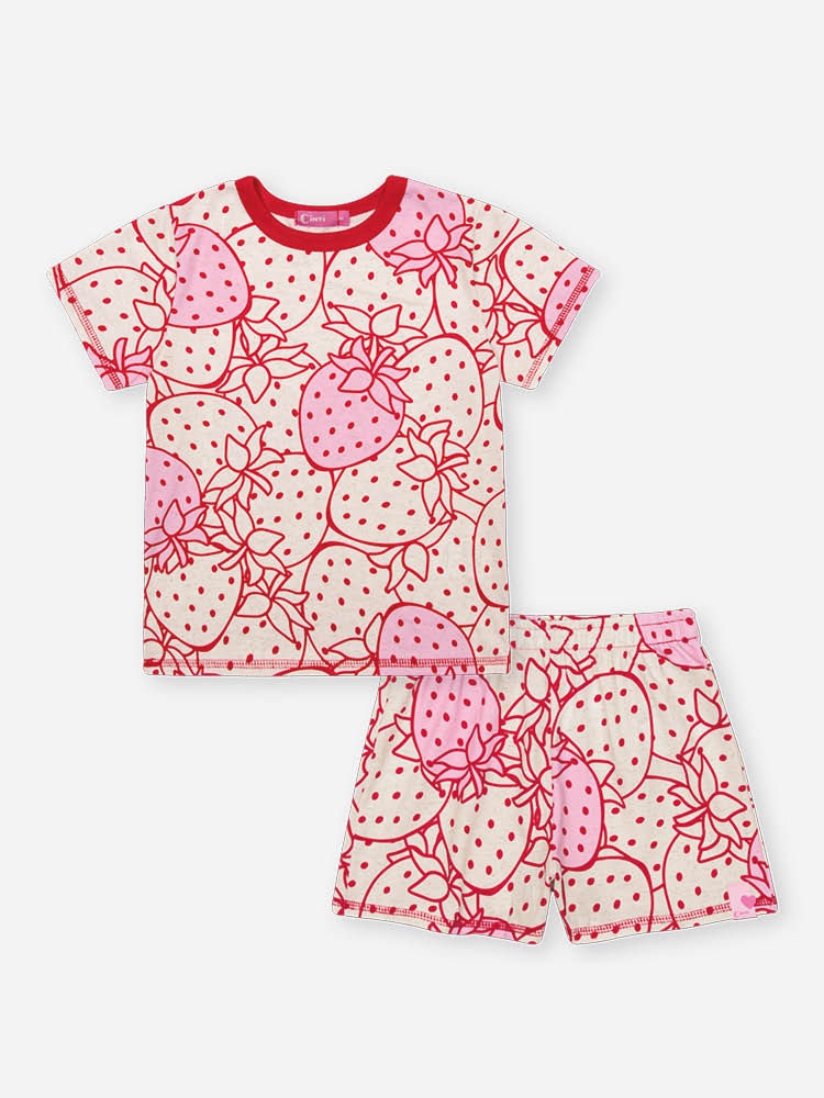 Pijama Infantil com Blusa e Shorts em Cotton Linho – Pijama Menina Verão Estampa de Morangos OFF WHITE