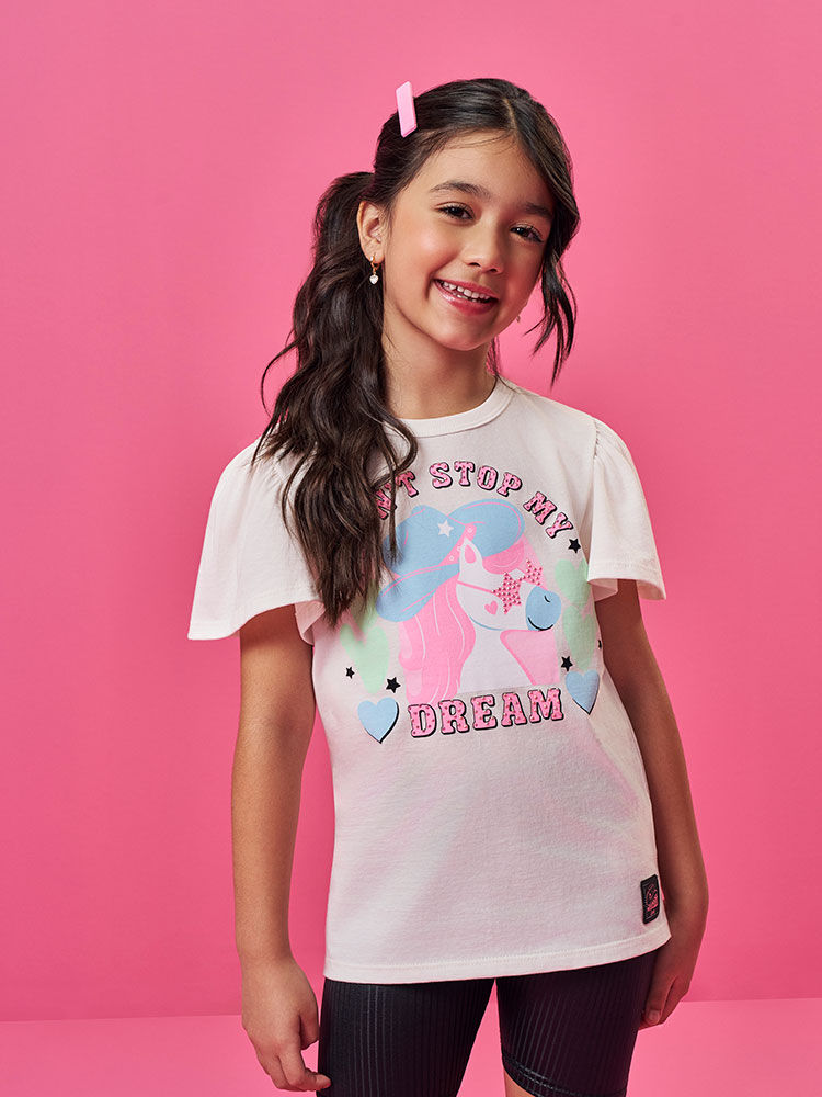 Conjunto Infantil com Blusa Alongada de Unicórnio e Ciclista em Canelado – Look Menina Verão com Str NATURAL/PRETO