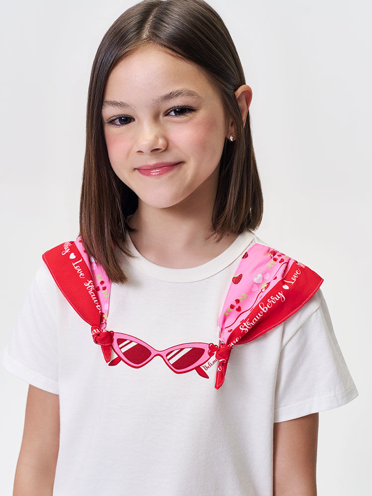 Conjunto Infantil Menina Blusa Boxy Óculos e Saia-Short com Bandana