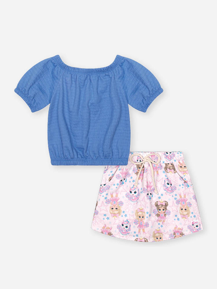 Conjunto Infantil Ciganinha com Shorts Saia Estampado – Princesas Cinti AZ HORTENCIA/RS IOGURTE