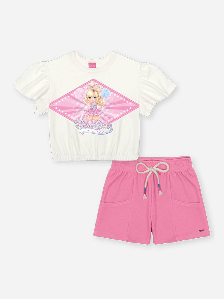 Conjunto Infantil Cheerleader com Shorts em Moletinho Waffle – Conjunto Menina Cinti NATURAL/RS CONFETE