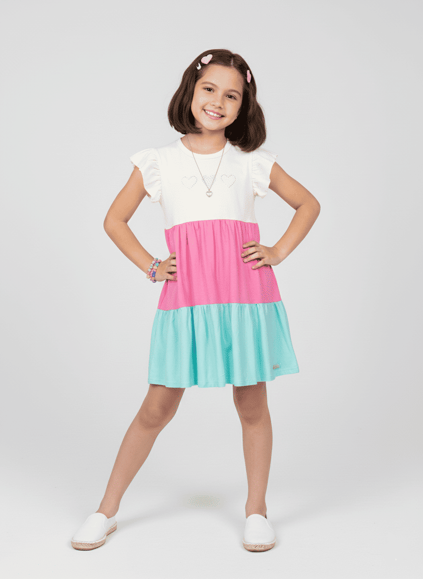 Vestido Infantil Color Block 3 Corações Natural Abrange