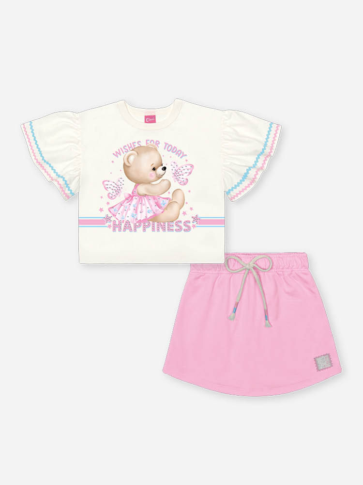 Conjunto Infantil com Blusa 100% Algodão e Shorts Saia em Moletinho – Look Menina Verão com Strass NATURAL/RS IOGURTE
