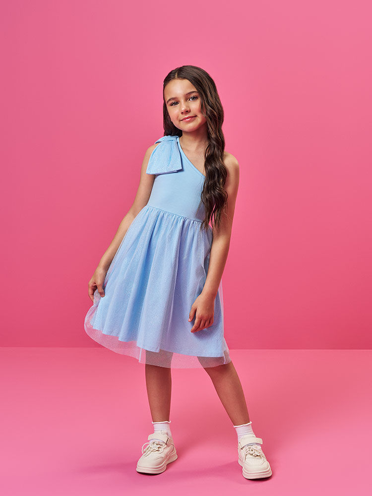 Vestido Infantil em Cotton com Tule Foil – Vestido Menina Verão de Um Ombro Só AZUL PORCELANA