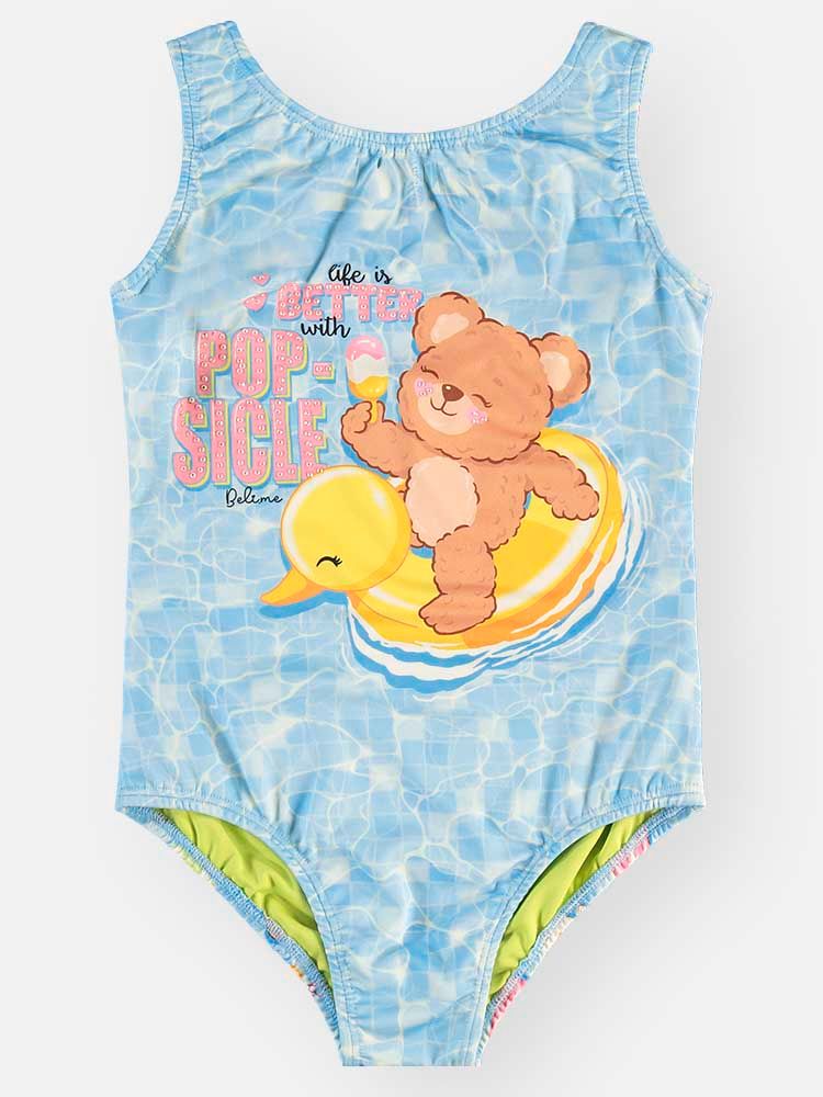 Maiô Infantil Menina Azul com Ursinho em Malha UV