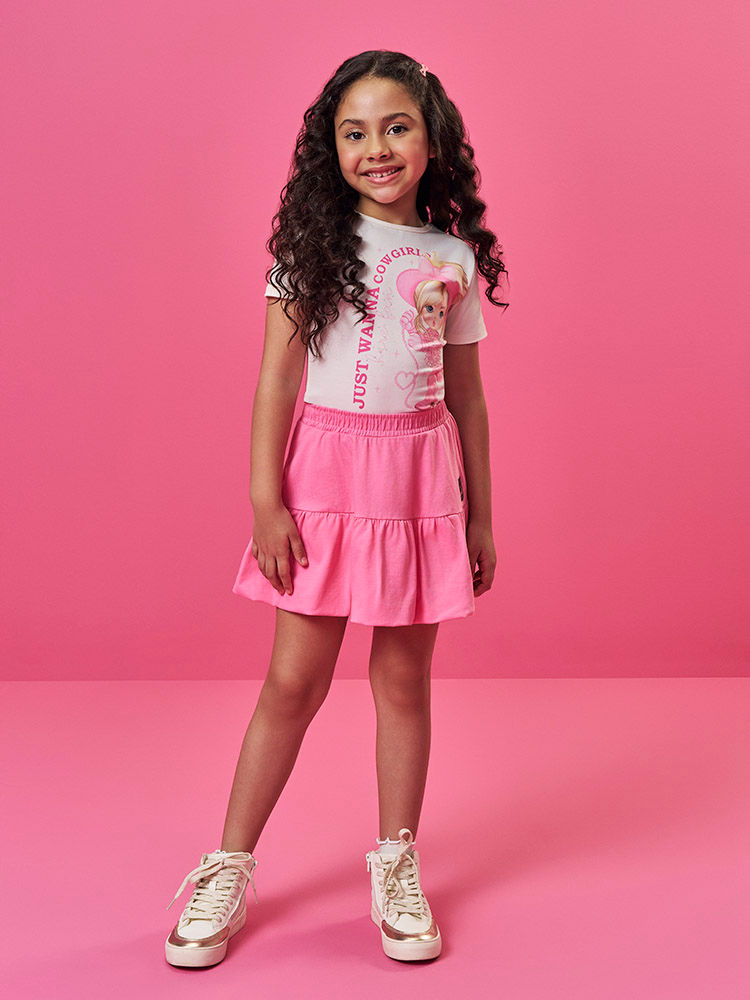 Conjunto Infantil com Blusa Princesa e Unicórnio Cowgirls e Saia Shorts em Cotton NATURAL/RS CONFETE