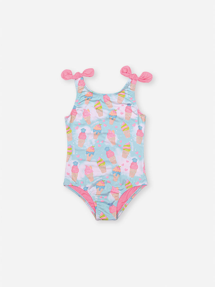 Maiô Infantil em Malha UV com Estampa de Sorvetes – Moda Praia Menina Verão com Laços VERDE ATOL
