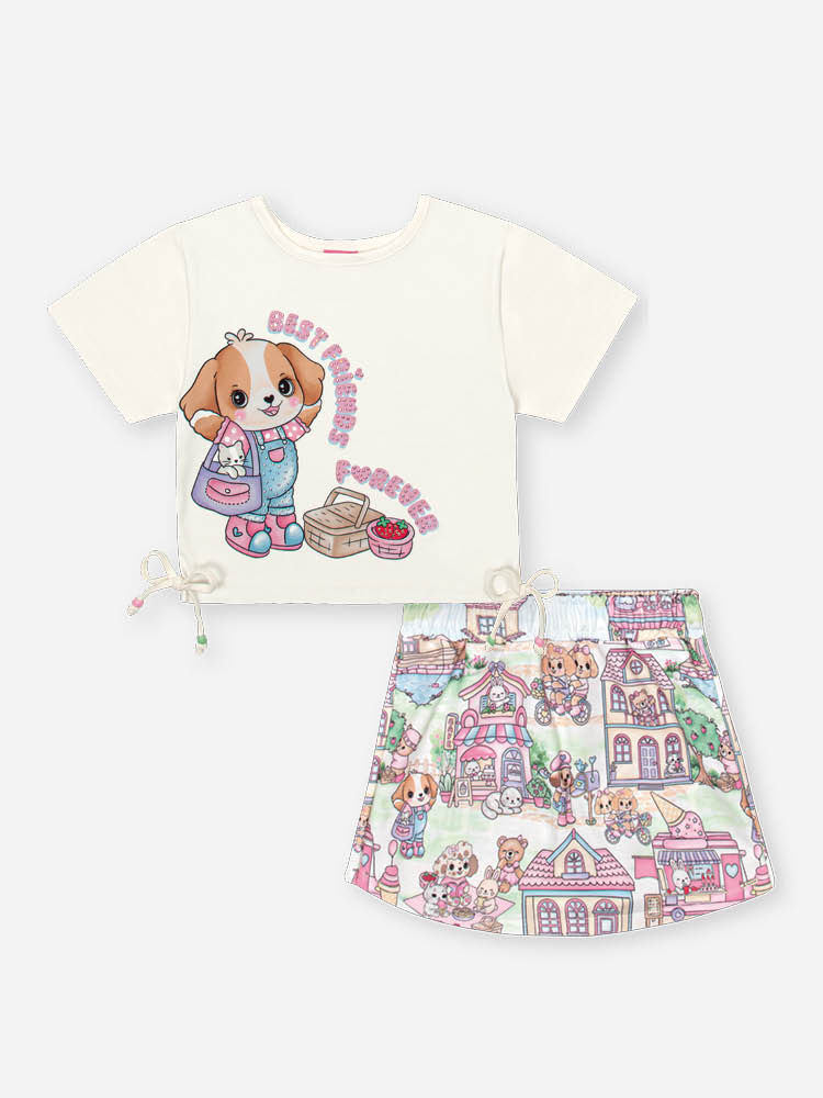 Conjunto Infantil com Blusa em Cotton e Shorts Saia de Cachorro – Look Menina Verão com Strass NATURAL/RS CONFETE