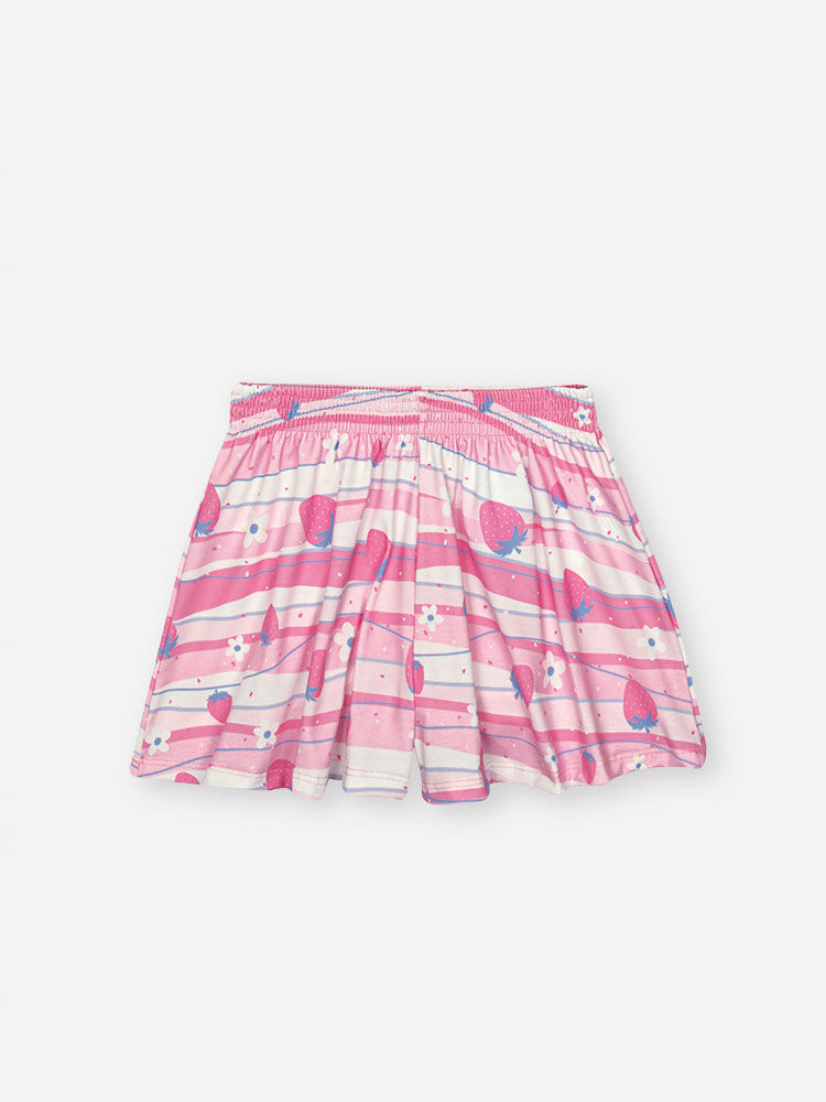 Conjunto Infantil com Regata Cropped em Tricoline e Shorts em Sarja – Look Menina Verão com Morangos RS IOGURTE/VM MARTE