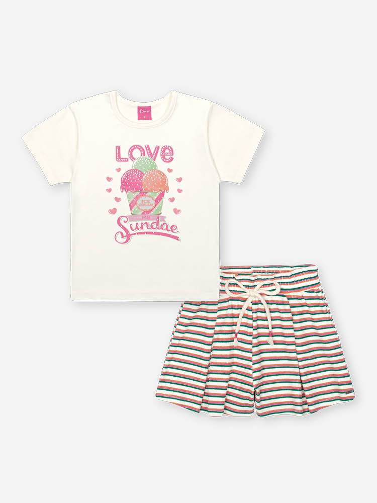 Conjunto Infantil Neon Love com Blusa em Cotton e Shorts Listrado Texturizado – Look Menina Verão co NATURAL/RS CONFETE