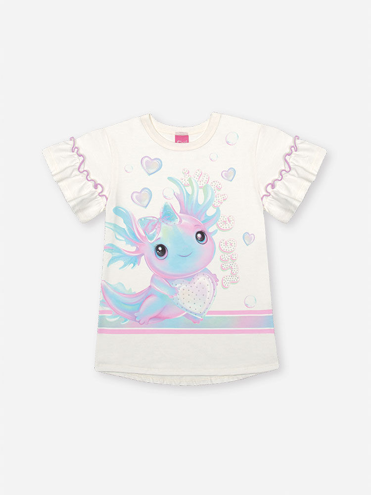 Conjunto Infantil com Blusa Estampa Sara Salamandra e Ciclista em Malha Foil – Look Menina Verão com NATURAL/RS IOGURTE