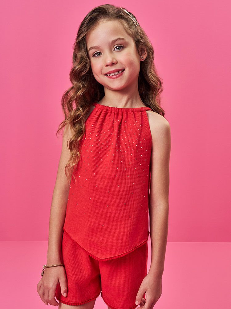 Conjunto Infantil de Natal com Blusa Bata e Shorts em Moletinho Waffle – Look Menina Verão com Stras VERMELHO MARTE