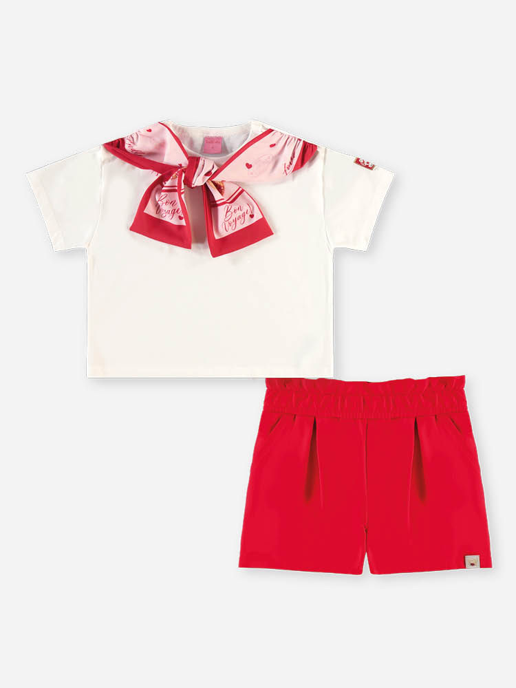 Conjunto Infantil Menina Blusa Boxy com Lenço e Short Vermelho