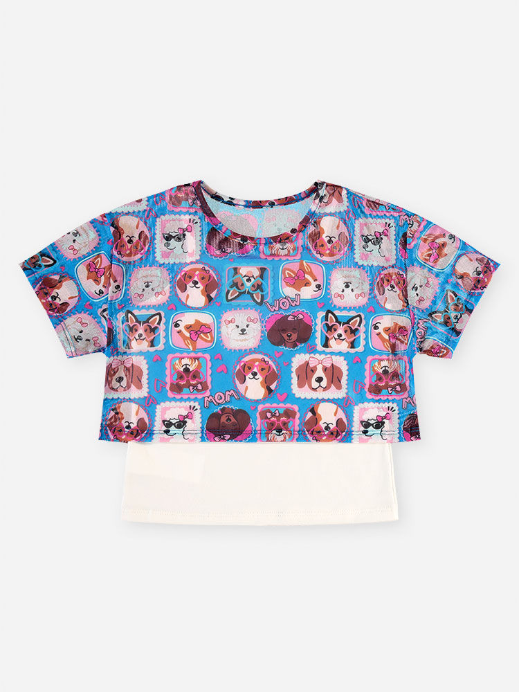 Conjunto Infantil Menina Cropped e Regata e Saia-Short Estampa Cachorrinhos