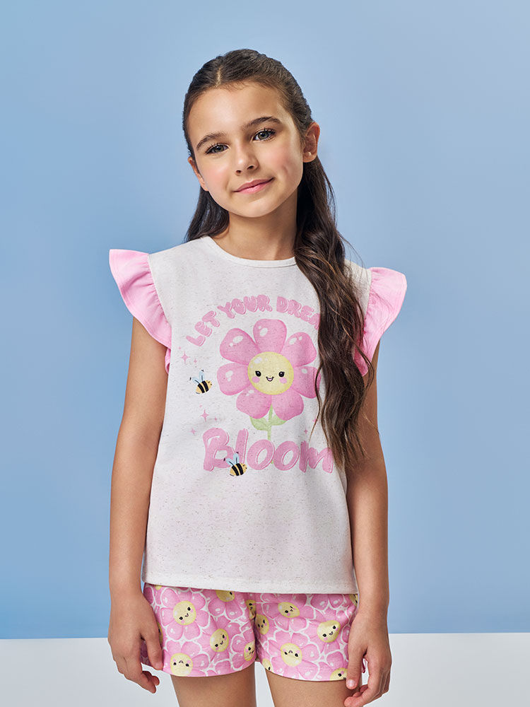 Pijama Infantil com Blusa e Shorts em Cotton Linho – Pijama Menina Verão de Margaridas OFF WHITE/RS IOGURTE
